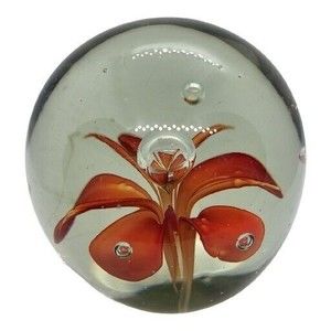 Art Glass Tropical Orange Red Flower Controlled Bubble Pistil Paperweight